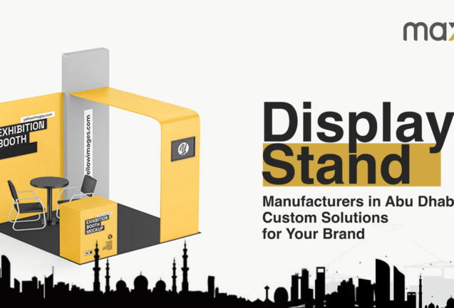 Custom display stand by Max+ showcasing innovative product placement at an exhibition in Abu Dhabi.