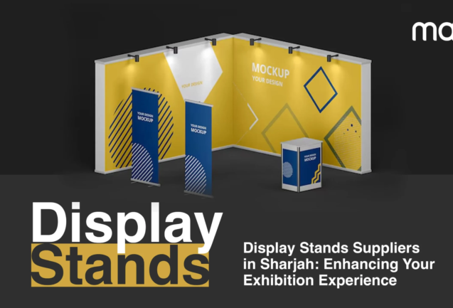 Custom-designed display stand by Max+ showcasing products at an exhibition in Sharjah.